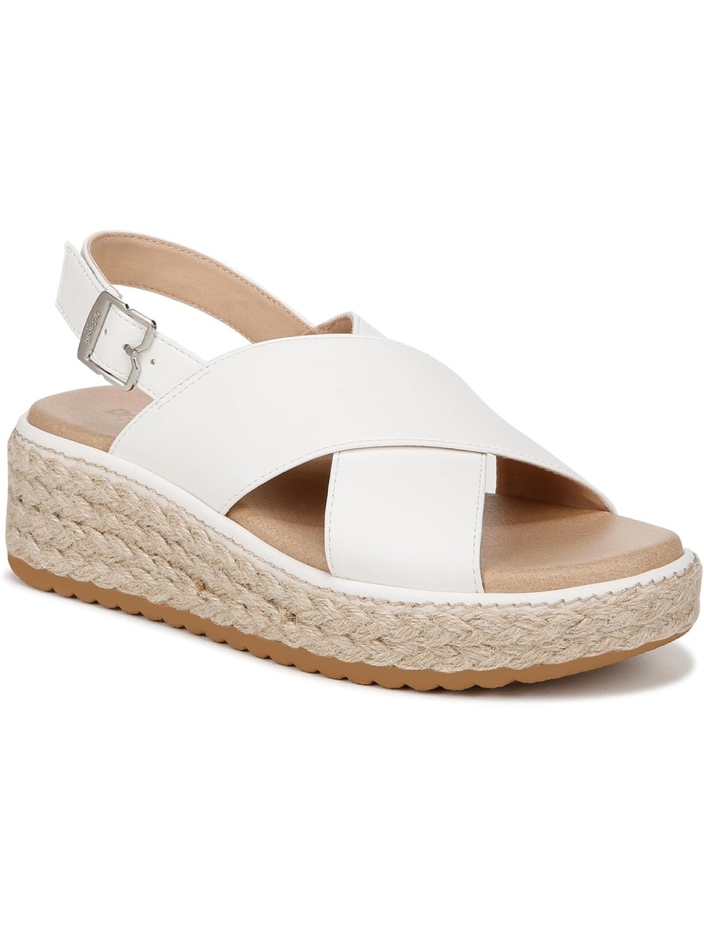 White Cross-Strap Espadrille Platform Sandal with Slingback Buckle